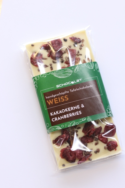 Tafel Weisse Schokolade mit Kakaokernen u. Cranberries  90g